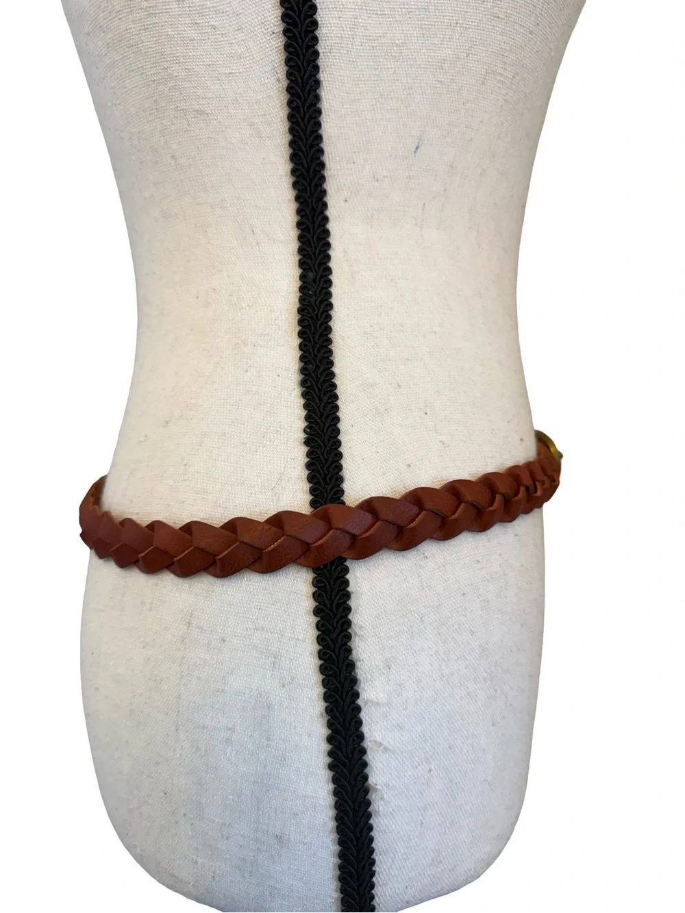 Braided Faux Leather Belt Brown Woven Adjustable Brass Tone Buckle Boho
